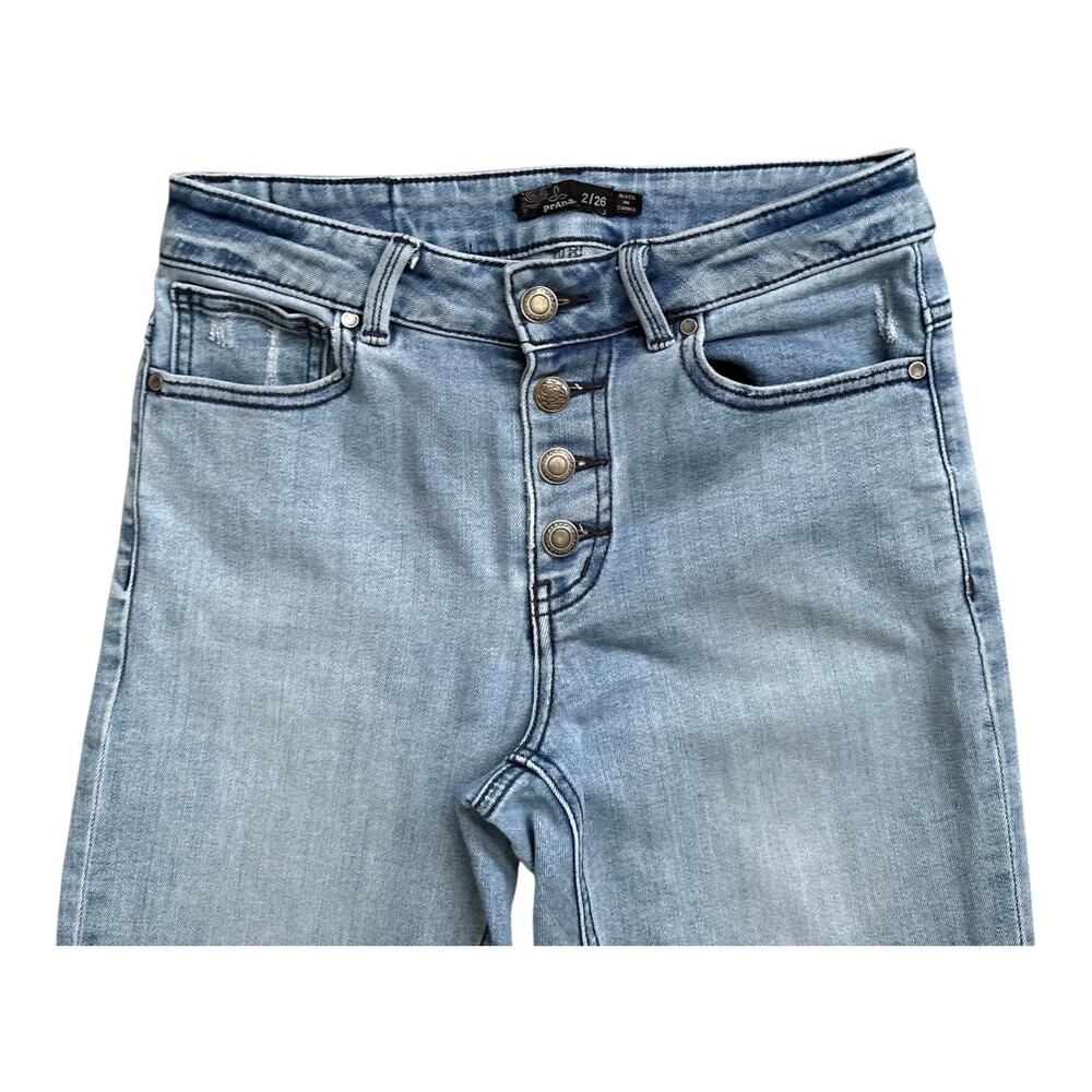 prAna Jeans Womens Size 2 Blue Straight Mid Rise Distressed Organic Button Fly - Picture 3 of 8